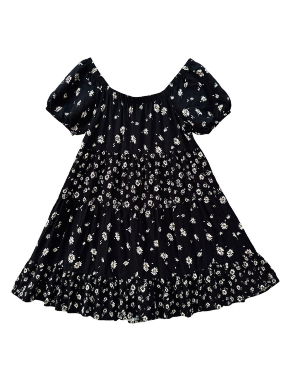 Maurices Size M Peasant Puffy Sleeved Mini Sundress Black Floral Tiered Ruffle - Picture 10 of 11